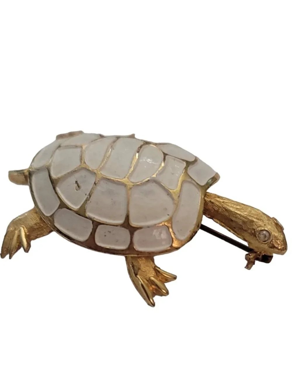 Vintage Gold Tone White Enamel Clear Rhinestone Turtle Brooch Pin E896